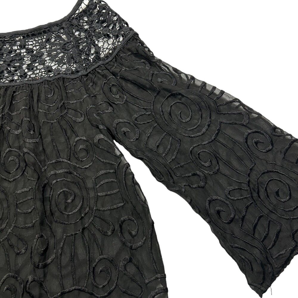 Language Womens Embroidered Tunic Top Lace Yoke 3/4 Sleeve Silk Blend Black Sz S - Picture 4 of 14